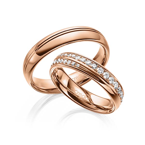 Set Klassieke trouwringen in roodgoud 14 kt. met in totaal 0,964 ct. Briljant tw/si van acredo