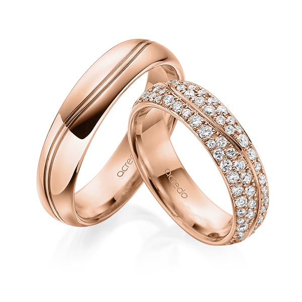 Set Klassieke trouwringen in roodgoud 14 kt. met in totaal 1,506 ct. Briljant tw/si van acredo