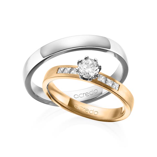 Set klassieke trouwringen in roségoud 14 kt. met 0,4 ct. + in totaal 0,18 ct. Princess-Diamant & Briljant tw/si tw,vs van acredo