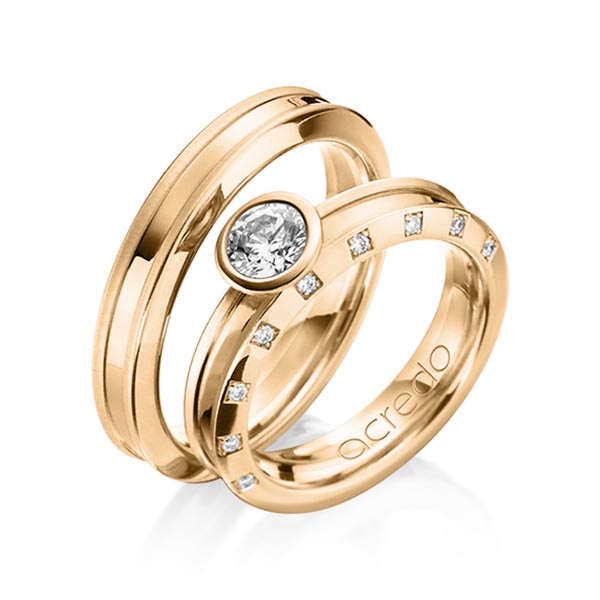 Set Klassieke trouwringen in roségoud 14 kt. met 0,5 ct. + in totaal 0,09 ct. Briljant & Briljanten tw/si van acredo