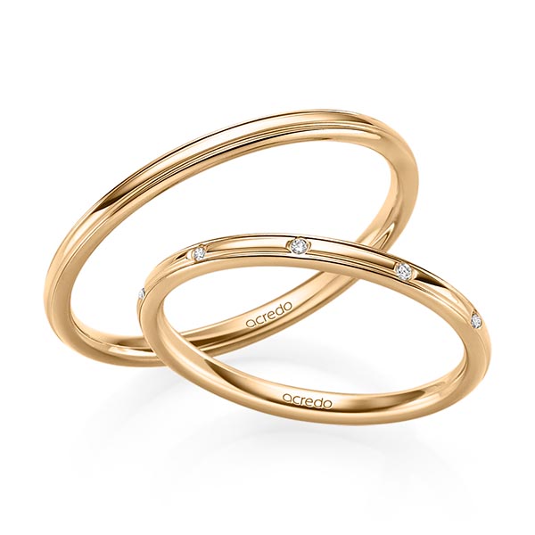 Set Klassieke trouwringen in roségoud 14 kt. met in totaal 0,025 ct. Briljant tw/si van acredo