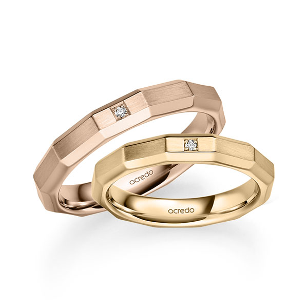 Set Klassieke trouwringen in roségoud 14 kt. met in totaal 0,02 ct. Briljant tw/si van acredo