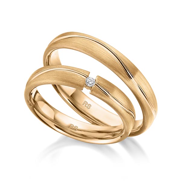 Set Klassieke trouwringen in roségoud 14 kt. met in totaal 0,03 ct. Briljant tw/si van acredo