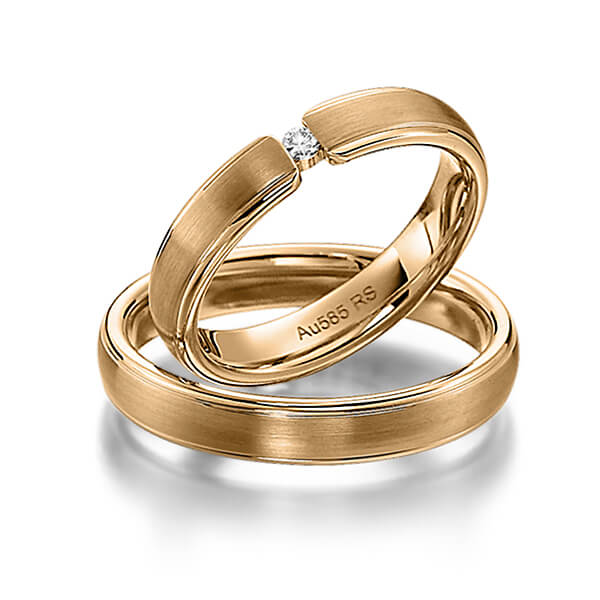 Set Klassieke trouwringen in roségoud 14 kt. met in totaal 0,04 ct. Briljant tw/si van acredo - S-1133-1