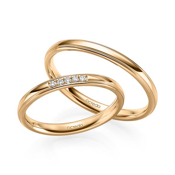 Set Klassieke trouwringen in roségoud 14 kt. met in totaal 0,04 ct. Briljant tw/si van acredo