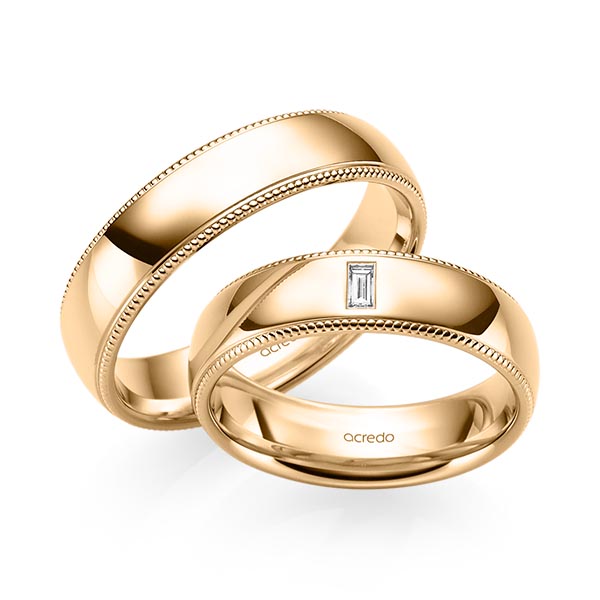 Set Klassieke trouwringen in roségoud 14 kt. met in totaal 0,05 ct. Baguette-Diamant tw,vs van acredo