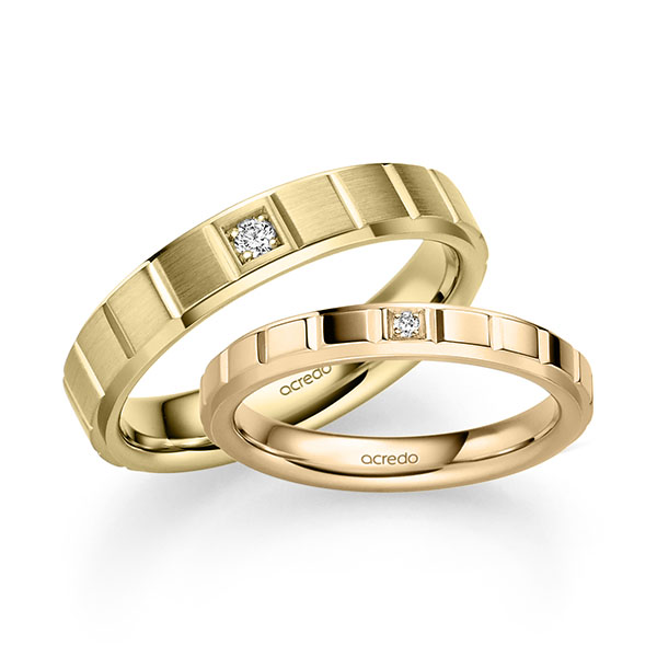 Set Klassieke trouwringen in roségoud 14 kt. met in totaal 0,05 ct. Briljant tw/si van acredo