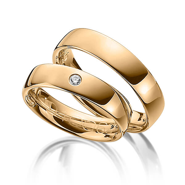 Set klassieke trouwringen in roségoud 14 kt. met in totaal 0,05 ct. Briljant tw/si van Merii