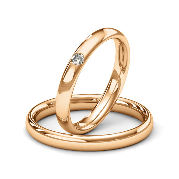Set klassieke trouwringen in roségoud 14 kt. met in totaal 0,05 ct. Briljant tw/si van Merii