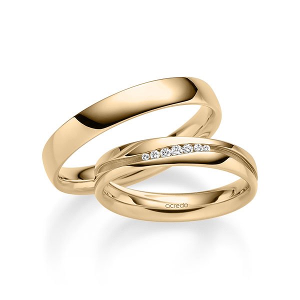 Set klassieke trouwringen in roségoud 14 kt. met in totaal 0,063 ct. Briljant tw/si van acredo