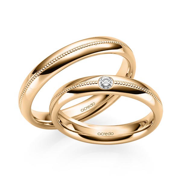 Set Klassieke trouwringen in roségoud 14 kt. met in totaal 0,06 ct. Briljant tw/si van acredo