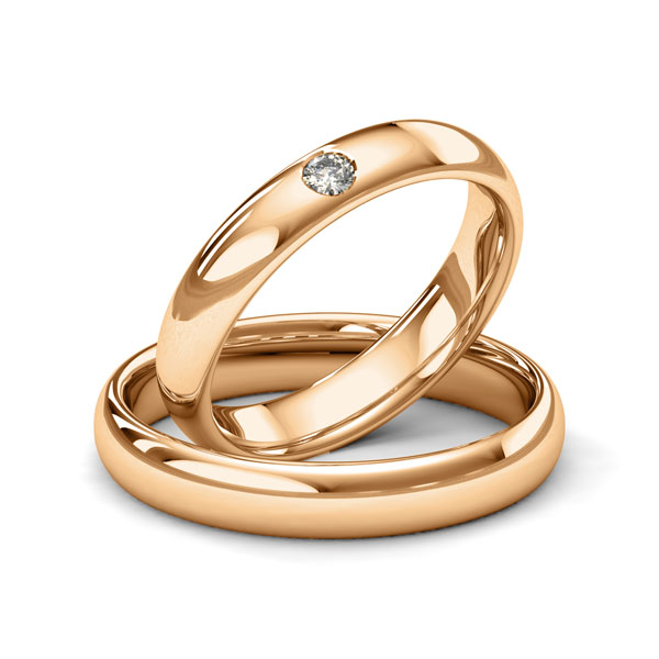 Set klassieke trouwringen in roségoud 14 kt. met in totaal 0,06 ct. Briljant tw/si van Merii