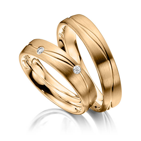 Set Klassieke trouwringen in roségoud 14 kt. met in totaal 0,06 ct. Briljant tw/si van Steinberg - T-1096-5 Set Klassieke trouwringen in roségoud 14 kt. met in totaal 0,06 ct. Briljant tw/si van Steinberg - T-1096-5