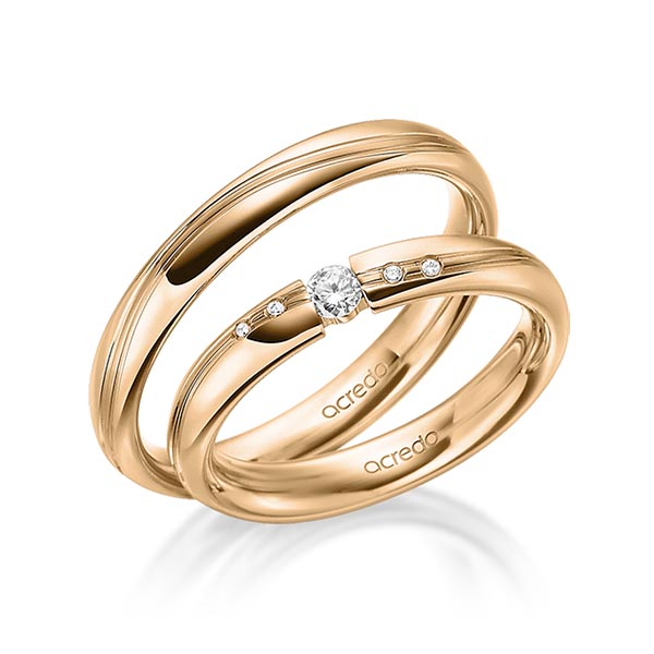Set Klassieke trouwringen in roségoud 14 kt. met in totaal 0,07 ct. Briljant tw/si van acredo
