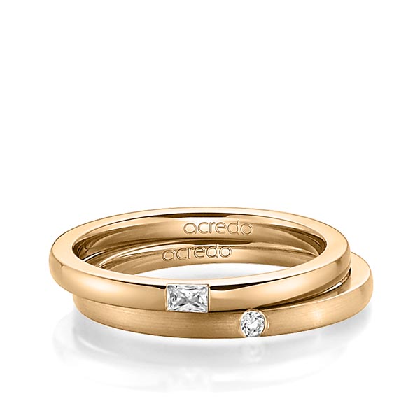 Set klassieke trouwringen in roségoud 14 kt. met in totaal 0,095 ct. Baguette-Diamant & Briljant tw,vs tw/si van acredo