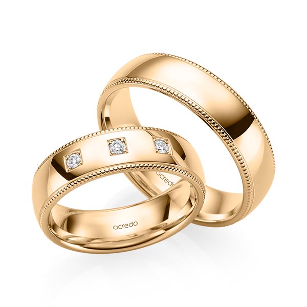 Set Klassieke trouwringen in roségoud 14 kt. met in totaal 0,09 ct. Briljant tw/si van acredo
