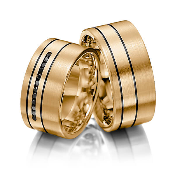 Set Klassieke trouwringen in roségoud 14 kt. met in totaal 0,12 ct. Briljant Zwart van Merii