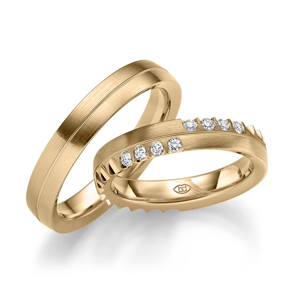 Set Klassieke trouwringen in roségoud 14 kt. met in totaal 0,16 ct. Briljant tw/si van Merii - M-1321-7 Set Klassieke trouwringen in roségoud 14 kt. met in totaal 0,16 ct. Briljant tw/si van Merii - M-1321-7