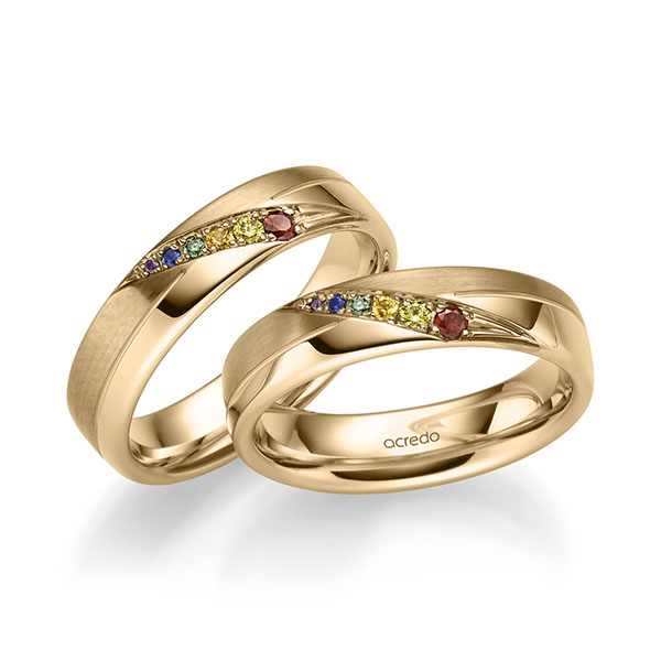 Set Klassieke trouwringen in roségoud 14 kt. met in totaal 0,176 ct. Briljant Saffier Blauw Red Cherry Saffier Geel Saffier Oranje Apple Green van acredo - A-2198-3