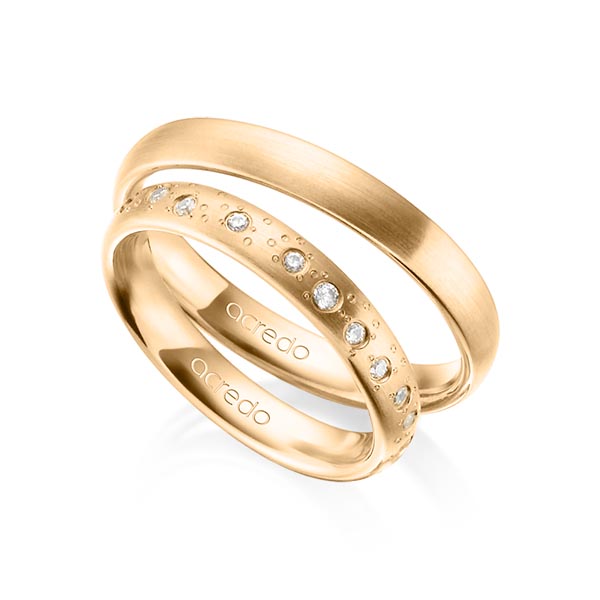 Set klassieke trouwringen in roségoud 14 kt. met in totaal 0,221 ct. Briljant tw/si van acredo - A-1297-3 Set klassieke trouwringen in roségoud 14 kt. met in totaal 0,221 ct. Briljant tw/si van acredo - A-1297-3