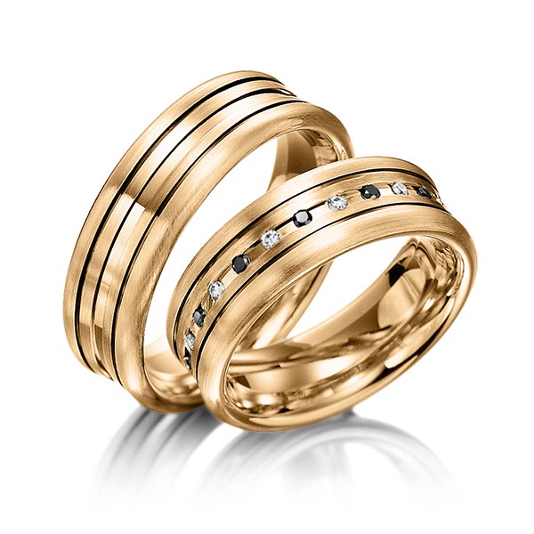 Set Klassieke trouwringen in roségoud 14 kt. met in totaal 0,24 ct. Briljant tw/si Zwart van Merii