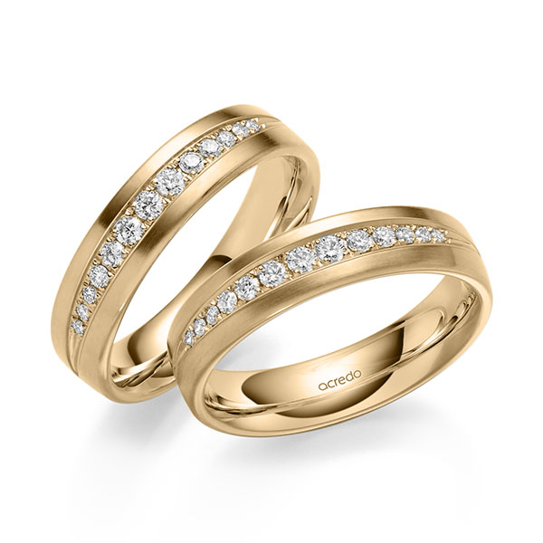 Set klassieke trouwringen in roségoud 14 kt. met in totaal 0,416 ct. Briljant tw/si van acredo Set klassieke trouwringen in roségoud 14 kt. met in totaal 0,416 ct. Briljant tw/si van acredo