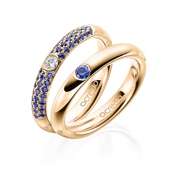 Set klassieke trouwringen in roségoud 14 kt. met in totaal 0,496 ct. Briljant Saffier Blauw tw/si van acredo