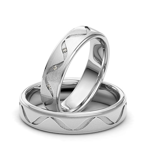 Set Klassieke trouwringen in witgoud 14 kt. Laser Structuur met in totaal 0,015 ct. Briljant tw/si van Eternal Touch