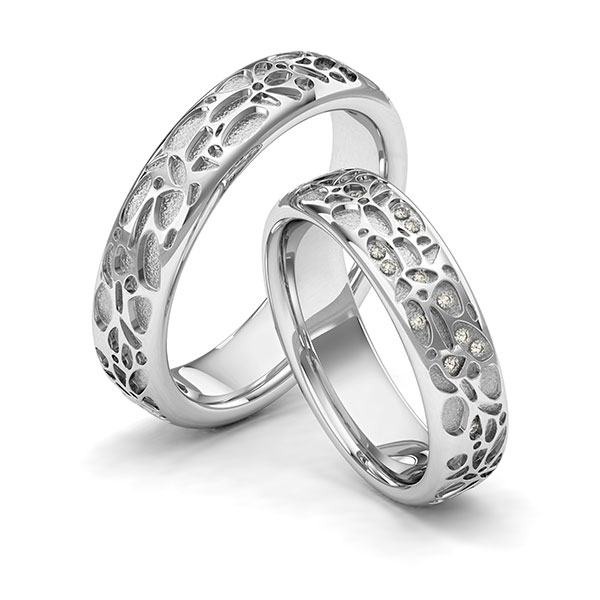 Set klassieke trouwringen in witgoud 14 kt. Laser Structuur met in totaal 0,1 ct. Briljant tw/si van Eternal Touch - Y-1400-5