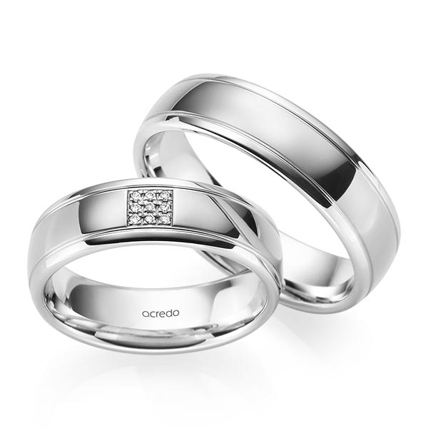 Set Klassieke trouwringen in witgoud 14 kt. met in totaal 0,045 ct. Briljant tw/si van acredo