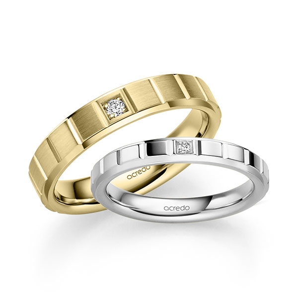 Set Klassieke trouwringen in witgoud 14 kt. met in totaal 0,05 ct. Briljant tw/si van acredo