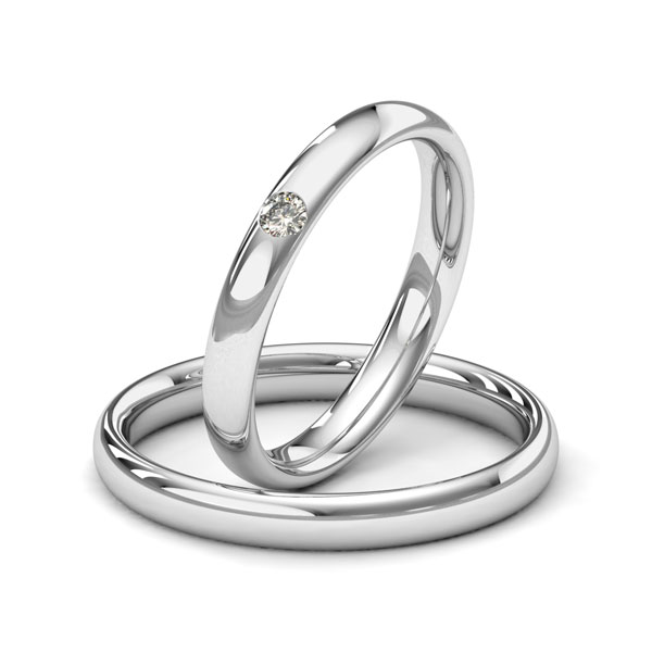 Set klassieke trouwringen in witgoud 14 kt. met in totaal 0,05 ct. Briljant tw/si van Merii