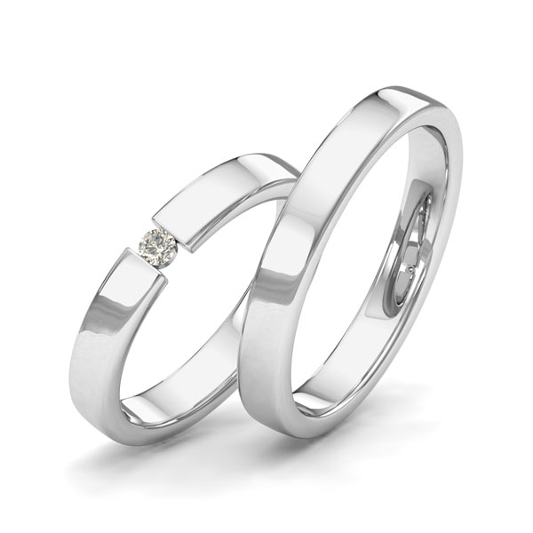 Set klassieke trouwringen in witgoud 14 kt. met in totaal 0,05 ct. Briljant tw/si van Merii