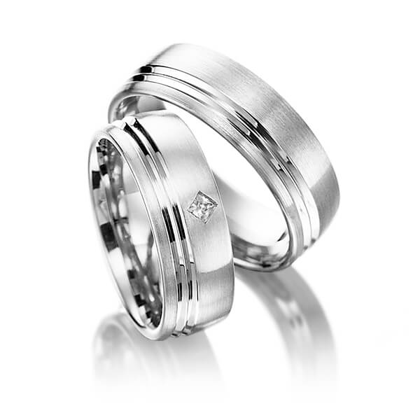 Set Klassieke trouwringen in witgoud 14 kt. met in totaal 0,05 ct. Princess-Diamant tw/si van Merii