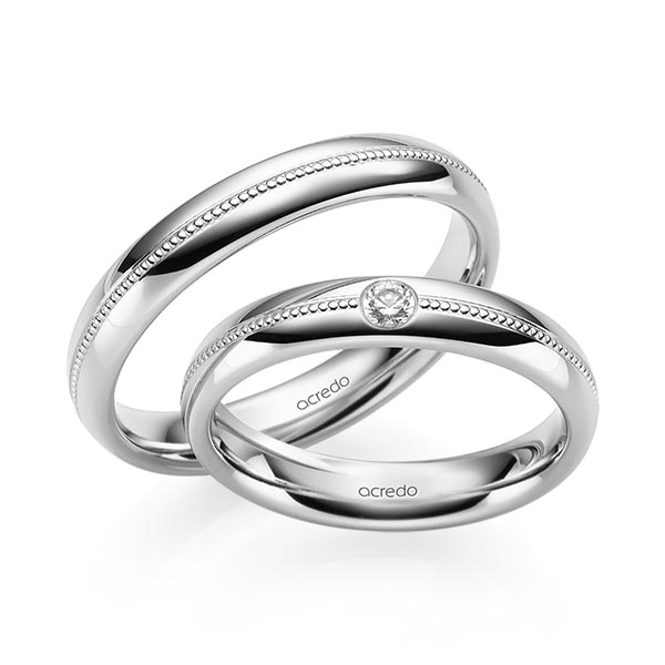 Set Klassieke trouwringen in witgoud 14 kt. met in totaal 0,06 ct. Briljant tw/si van acredo
