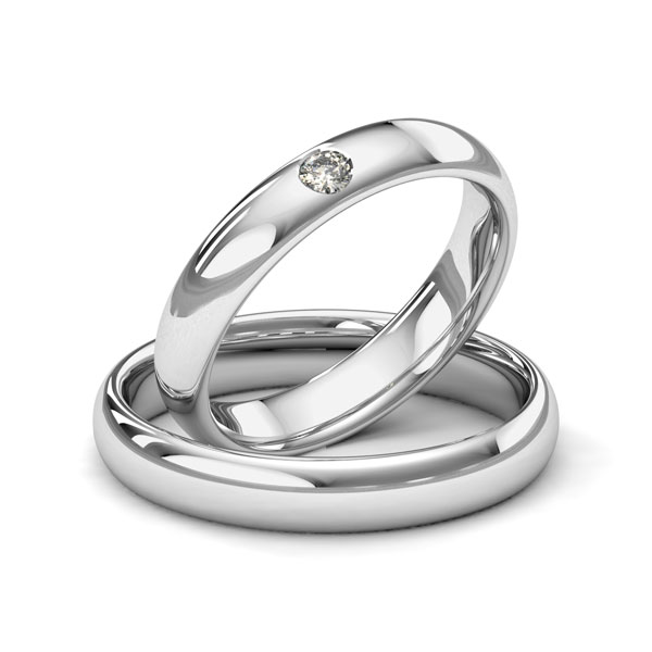 Set klassieke trouwringen in witgoud 14 kt. met in totaal 0,06 ct. Briljant tw/si van Merii