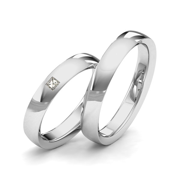 Set klassieke trouwringen in witgoud 14 kt. met in totaal 0,06 ct. Princess-Diamant tw/si van Merii