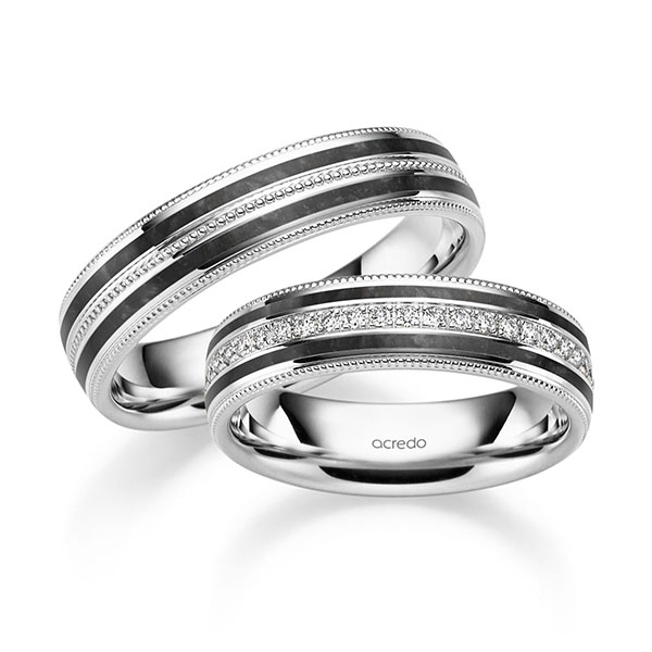 Set Klassieke trouwringen in witgoud 14 kt. met in totaal 0,192 ct. Briljant tw/si van acredo