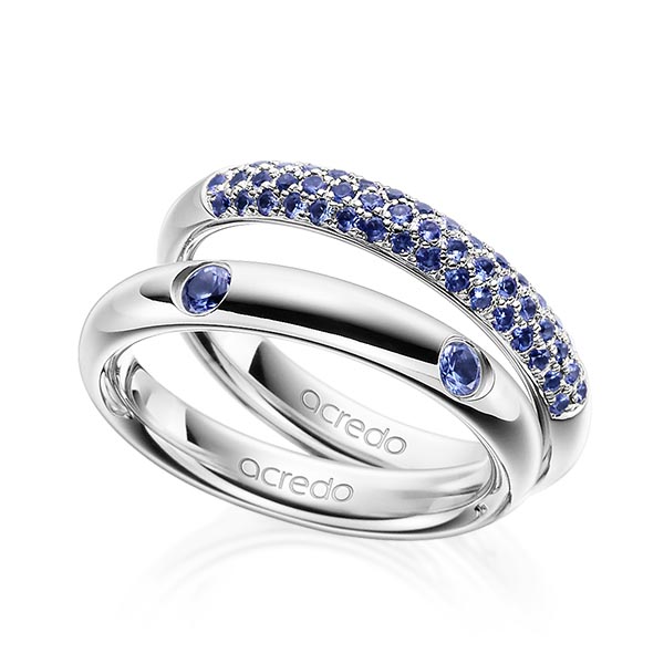 Set klassieke trouwringen in witgoud 14 kt. met in totaal 0,792 ct. Briljant Saffier Blauw van acredo