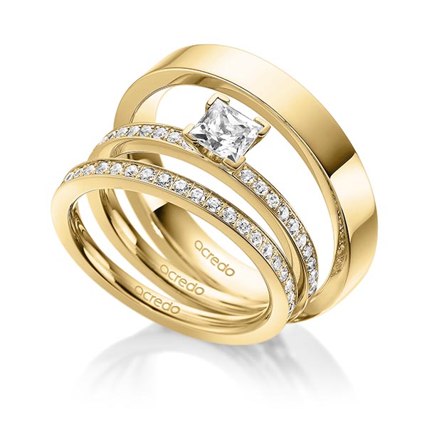 Tri-Set in geelgoud 14 kt. met 0,5 ct. + in totaal 0,42 ct. Princess-Diamant & Briljant tw,vs tw/si van acredo