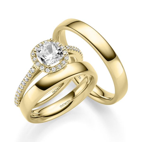 Tri-Set in geelgoud 14 kt. met 1 ct. + in totaal 0,312 ct. tw,vs tw/si van acredo