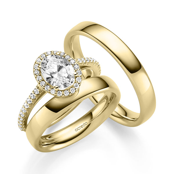 Tri-Set in geelgoud 14 kt. met 1 ct. + in totaal 0,34 ct. tw,vs tw/si van acredo