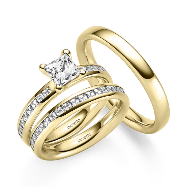 Tri-Set in geelgoud 14 kt. met 1 ct. + in totaal 1,05 ct. Briljant & Princess-Diamant tw,vs tw/si van acredo