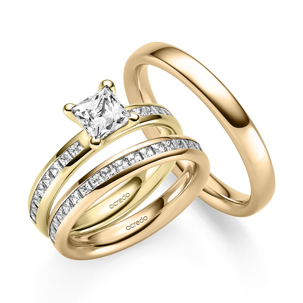 Tri-Set in geelgoud 14 kt. met 1 ct. + in totaal 1,05 ct. Briljant & Princess-Diamant tw,vs tw/si van acredo
