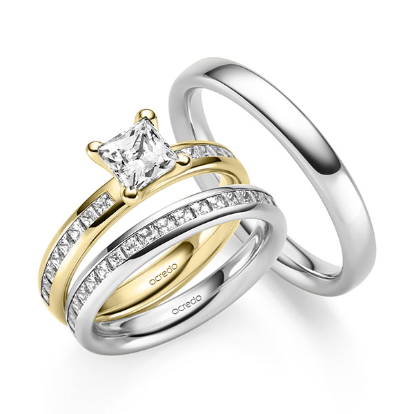 Tri-Set in geelgoud 14 kt. met 1 ct. + in totaal 1,05 ct. Briljant & Princess-Diamant tw,vs tw/si van acredo