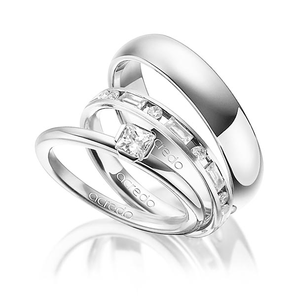 Tri-Set in Platin 950 mit zus. 1,015 ct. Prinzess-Diamant & Baguette-Diamant & Brillant tw, si tw, vs von acredo