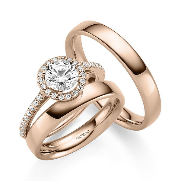 Tri-Set in roodgoud 14 kt. met 1 ct. + in totaal 0,306 ct. Briljant tw/si van acredo