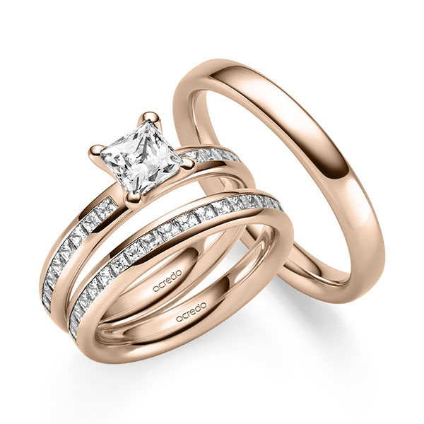 Tri-Set in roodgoud 14 kt. met 1 ct. + in totaal 1,05 ct. Briljant & Princess-Diamant tw,vs tw/si van acredo