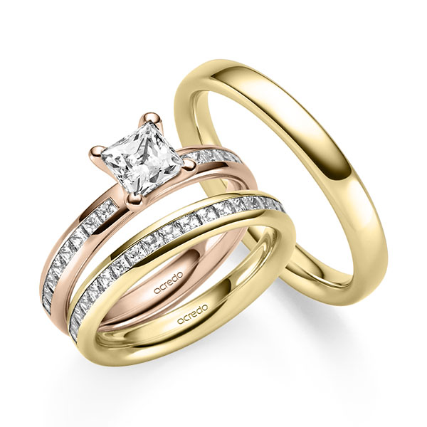 Tri-Set in roodgoud 14 kt. met 1 ct. + in totaal 1,05 ct. Briljant & Princess-Diamant tw,vs tw/si van acredo
