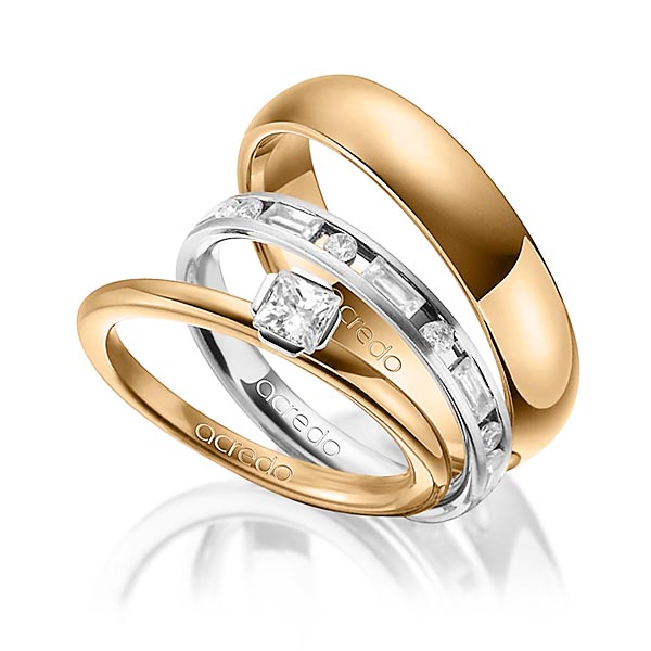 Tri-Set in Roségold 750 Weißgold 750 mit zus. 1,015 ct. Prinzess-Diamant & Baguette-Diamant & Brillant tw, si tw, vs von acredo